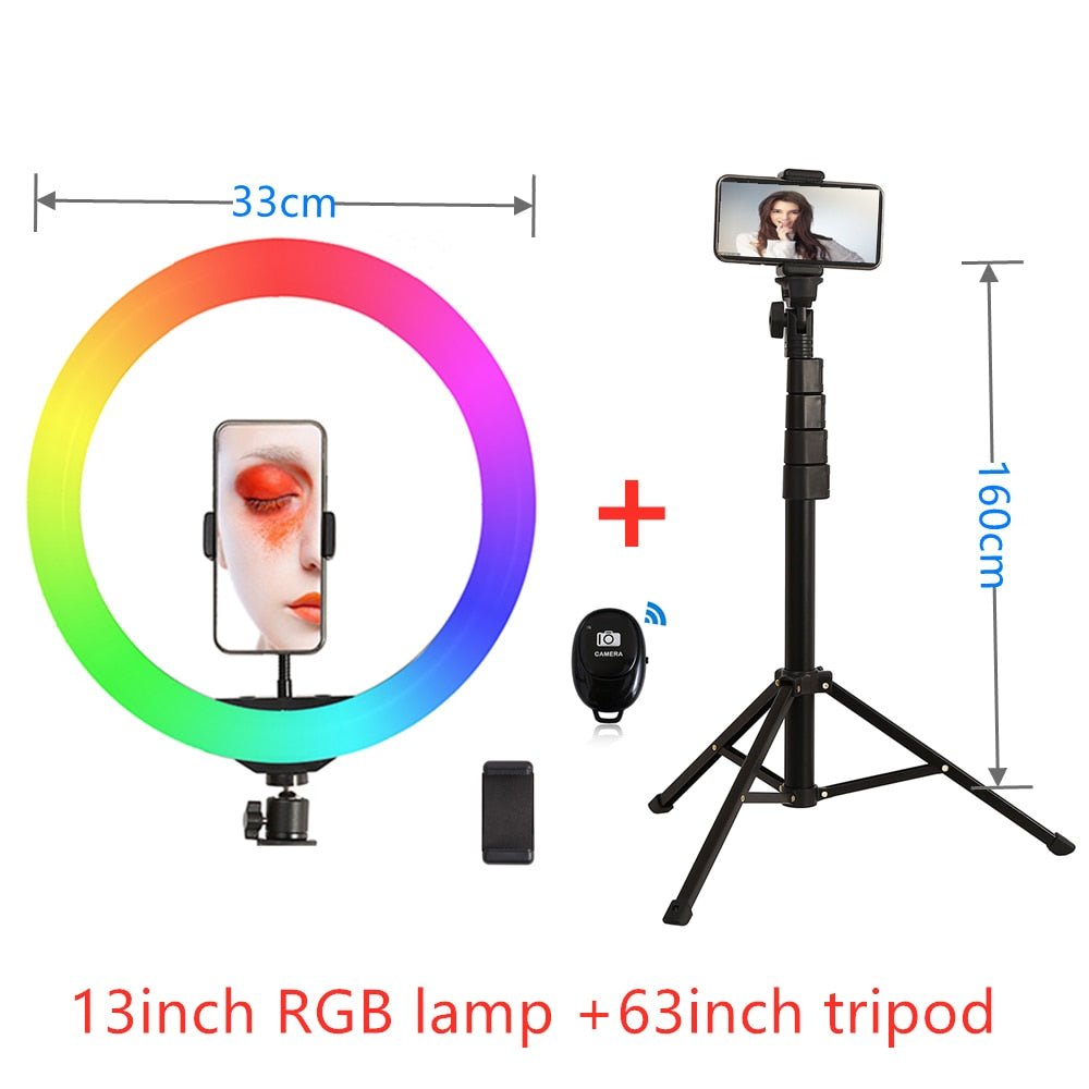 10Inch 13inch RGB LED Selfie Ring Fill Light with 1.6m Tripod Stand Photography Ring Lamp for TikTok Youtube Makeup Video Lights - TIKIJTRONICS 0 SPECIFICATIONSPackage: YesOrigin: Mainland ChinaOperating Voltage: 110 - 220VLighting Type: Ring LightColor Temperature Version: RGB VersionColor Temperature: Bi-color 3200K-5600KCertification: CEBrightness Adjustment Range: 0 - 100%Brand Name: Fotulato TIKIJTRONICS  (Store description)