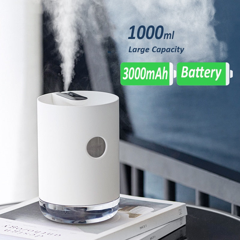 1L Air Humidifier USB Ultrasonic Cool Mist Maker Aroma Difusor 3000mAh Battery Aromatherapy Humidificador Essential Oil Diffuser - TIKIJTRONICS # 0