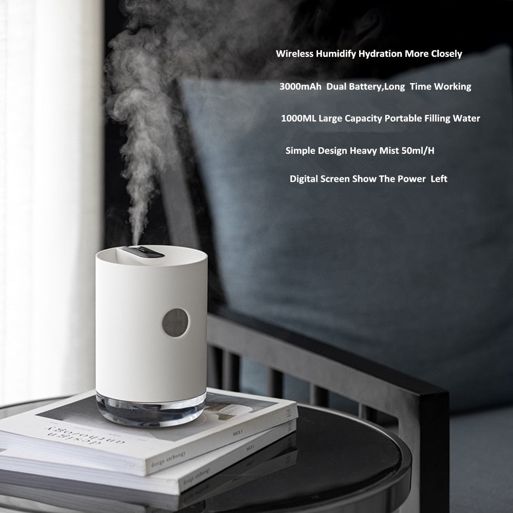 1L Air Humidifier USB Ultrasonic Cool Mist Maker Aroma Difusor 3000mAh Battery Aromatherapy Humidificador Essential Oil Diffuser - TIKIJTRONICS # 0