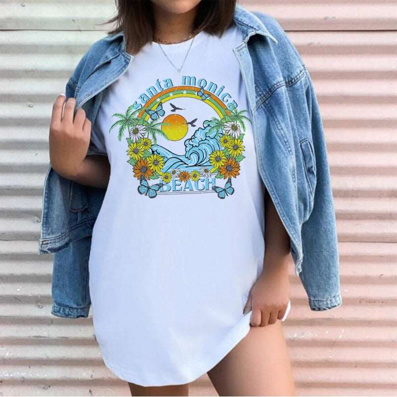 1pcs WHITE Tees Summer Casual Oversized Tee Best Surfing Santa Monica California Womens Retro Style T-Shirt Vacation Beach Shirt TIKIJTRONICS