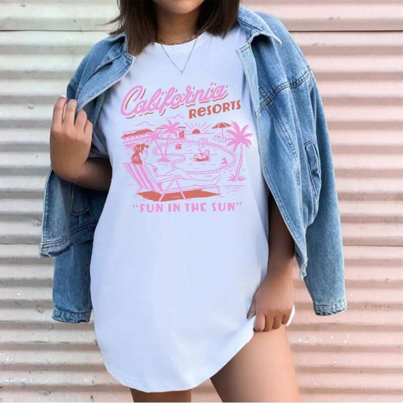 1pcs WHITE Tees Summer Casual Oversized Tee Best Surfing Santa Monica California Womens Retro Style T-Shirt Vacation Beach Shirt TIKIJTRONICS