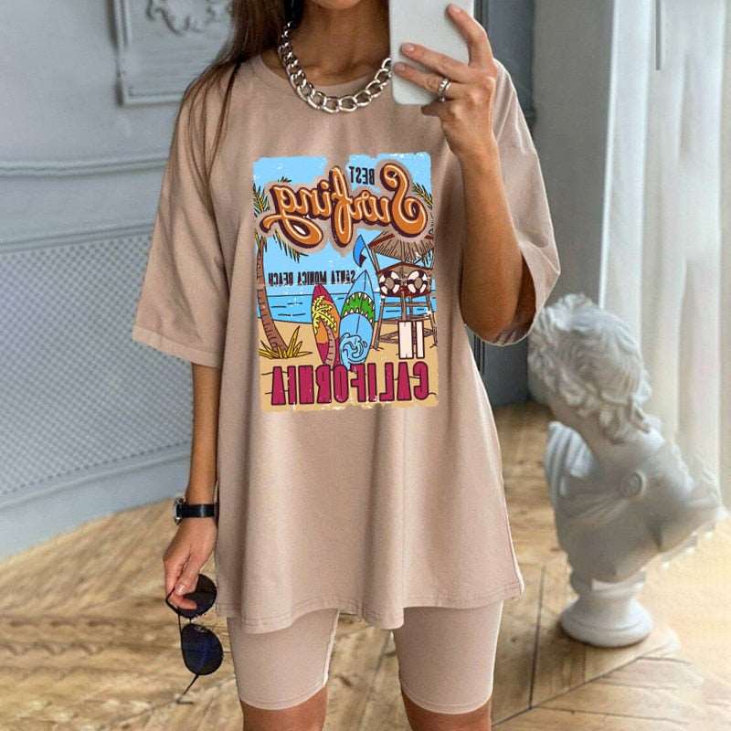 1pcs WHITE Tees Summer Casual Oversized Tee Best Surfing Santa Monica California Womens Retro Style T-Shirt Vacation Beach Shirt - TIKIJTRONICS # 0