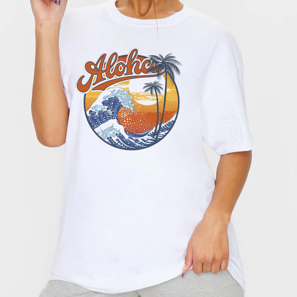 1pcs WHITE Tees Summer Casual Oversized Tee Best Surfing Santa Monica California Womens Retro Style T-Shirt Vacation Beach Shirt - TIKIJTRONICS # 0