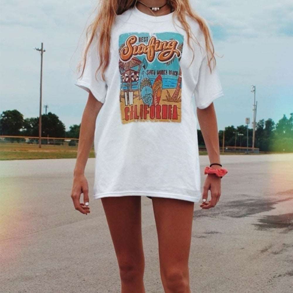 1pcs WHITE Tees Summer Casual Oversized Tee Best Surfing Santa Monica California Womens Retro Style T-Shirt Vacation Beach Shirt - TIKIJTRONICS # 0