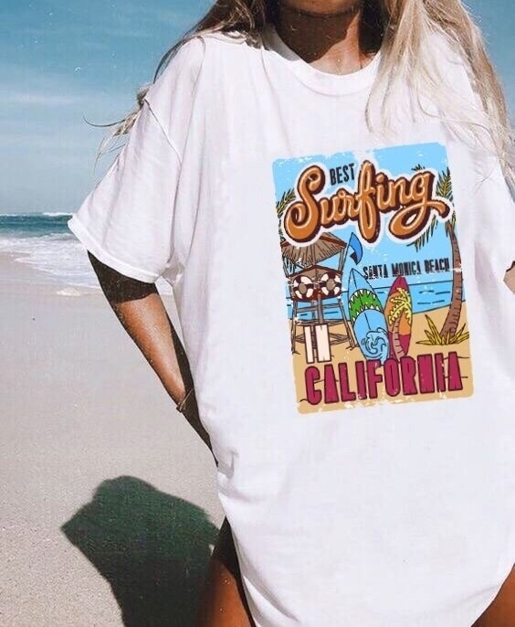 1pcs WHITE Tees Summer Casual Oversized Tee Best Surfing Santa Monica California Womens Retro Style T-Shirt Vacation Beach Shirt - TIKIJTRONICS # 0