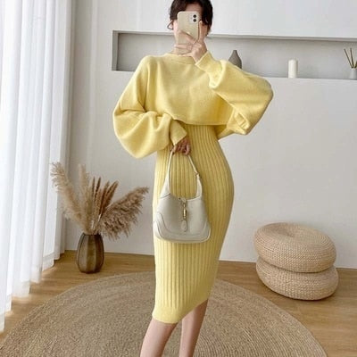 2021 New Fall/Winter Bat Sleeve O-Neck Soft Sweater  + Women's Knitted Vest Long Dress Two-Piece Dress Sets Femme TIKIJTRONICS