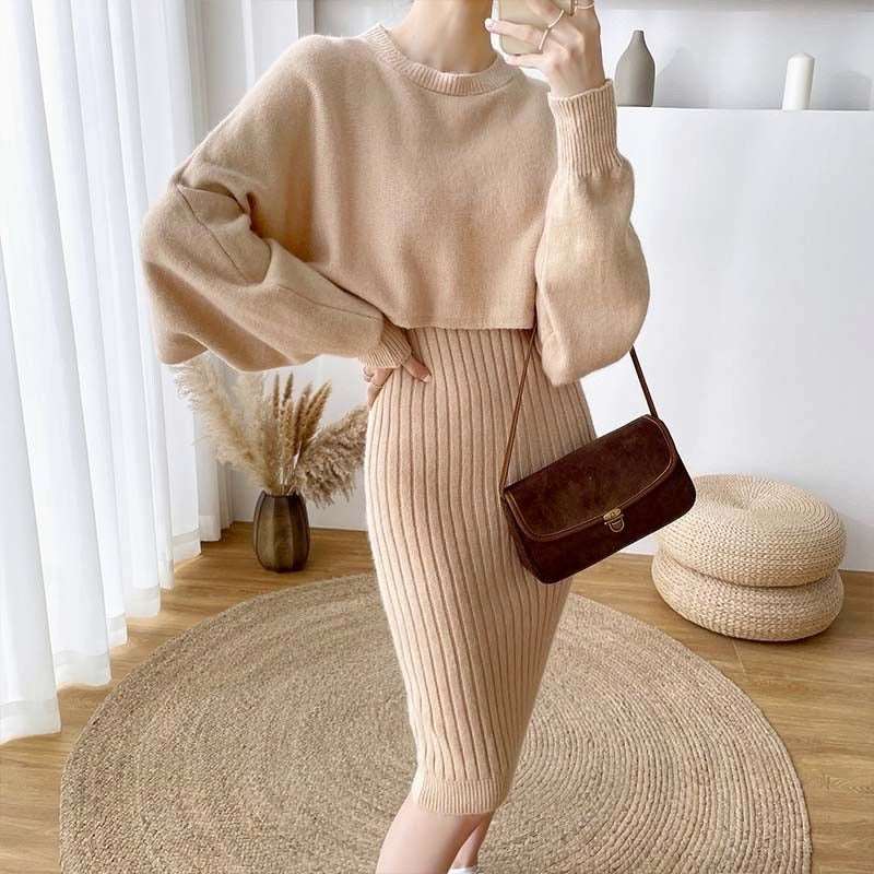 2021 New Fall/Winter Bat Sleeve O-Neck Soft Sweater  + Women's Knitted Vest Long Dress Two-Piece Dress Sets Femme TIKIJTRONICS