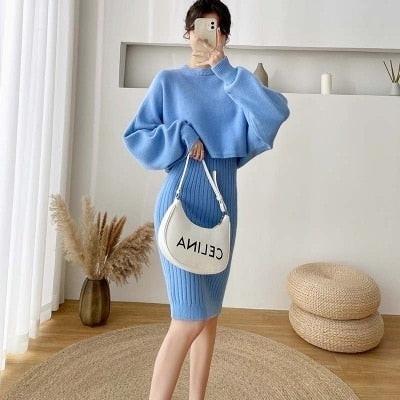 2021 New Fall/Winter Bat Sleeve O-Neck Soft Sweater  + Women's Knitted Vest Long Dress Two-Piece Dress Sets Femme TIKIJTRONICS