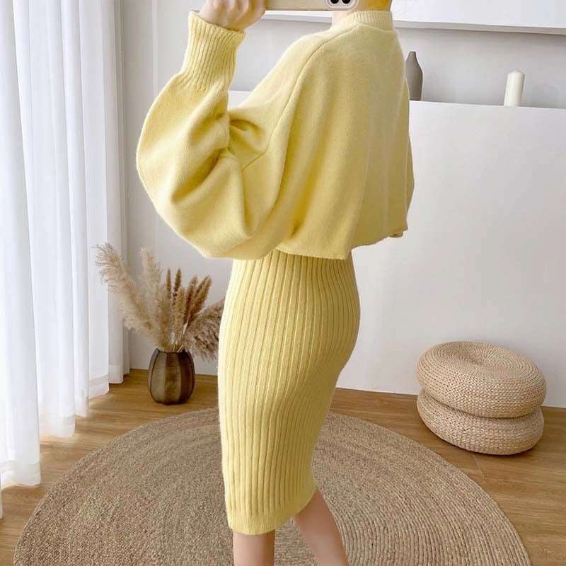 2021 New Fall/Winter Bat Sleeve O-Neck Soft Sweater  + Women's Knitted Vest Long Dress Two-Piece Dress Sets Femme TIKIJTRONICS