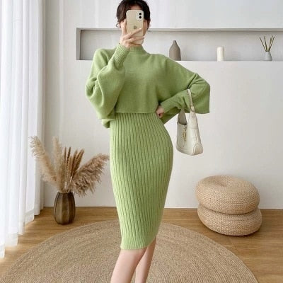 2021 New Fall/Winter Bat Sleeve O-Neck Soft Sweater  + Women's Knitted Vest Long Dress Two-Piece Dress Sets Femme TIKIJTRONICS