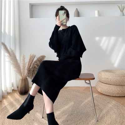 2021 New Fall/Winter Bat Sleeve O-Neck Soft Sweater  + Women's Knitted Vest Long Dress Two-Piece Dress Sets Femme TIKIJTRONICS