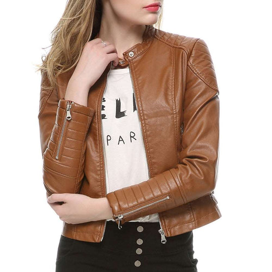 2021 Fashion Women Elegant Zipper Faux Leather Biker Jacket in Brown Black Slim Ladies Coat Casual brand Motorcycle Leather Coat - TIKIJTRONICS # 0