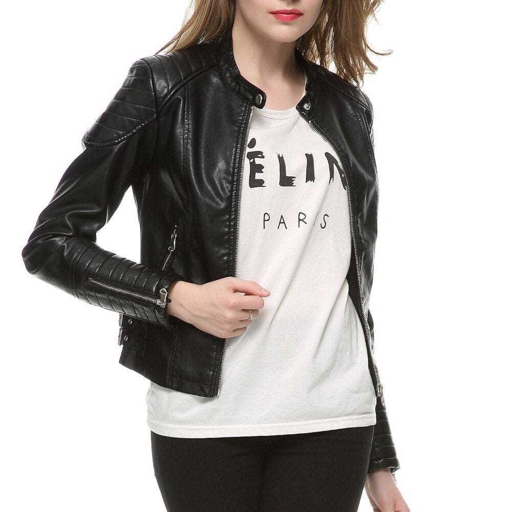 2021 Fashion Women Elegant Zipper Faux Leather Biker Jacket in Brown Black Slim Ladies Coat Casual brand Motorcycle Leather Coat - TIKIJTRONICS # 0