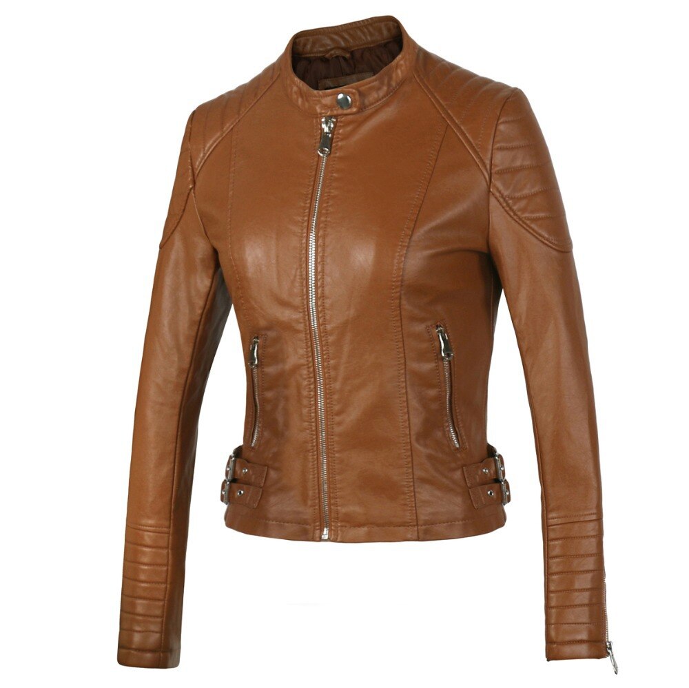 2021 Fashion Women Elegant Zipper Faux Leather Biker Jacket in Brown Black Slim Ladies Coat Casual brand Motorcycle Leather Coat - TIKIJTRONICS # 0