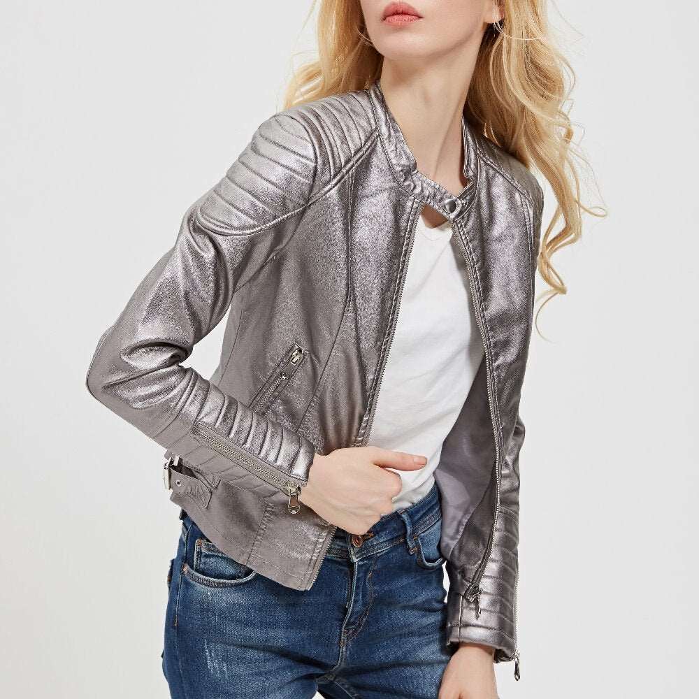 2021 Fashion Women Elegant Zipper Faux Leather Biker Jacket in Brown Black Slim Ladies Coat Casual brand Motorcycle Leather Coat - TIKIJTRONICS # 0