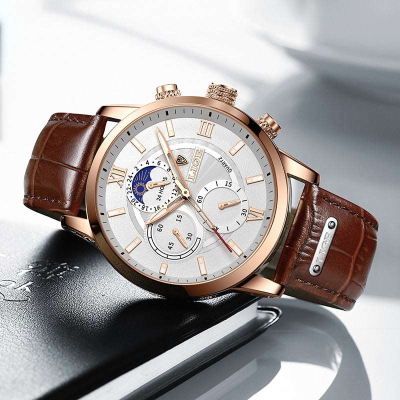 2021 New Mens Watches LIGE Top Brand Leather Chronograph Waterproof Sport Automatic Date Quartz Watch For Men Relogio Masculino - TIKIJTRONICS # 0