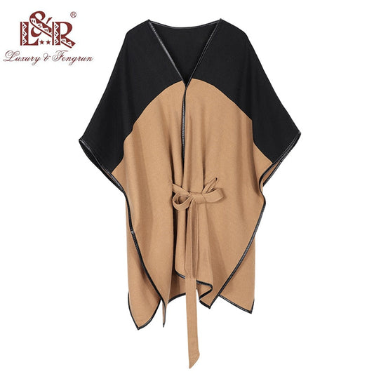 2022 New Design Waistban Dess Winter Poncho for Women Ladies Cashmere Wool Ponchos Leather Hem Shawl Knitted Women Poncho Scarf - TIKIJTRONICS # 0