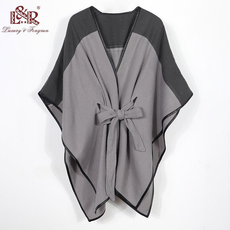 2022 New Design Waistban Dess Winter Poncho for Women Ladies Cashmere Wool Ponchos Leather Hem Shawl Knitted Women Poncho Scarf - TIKIJTRONICS # 0