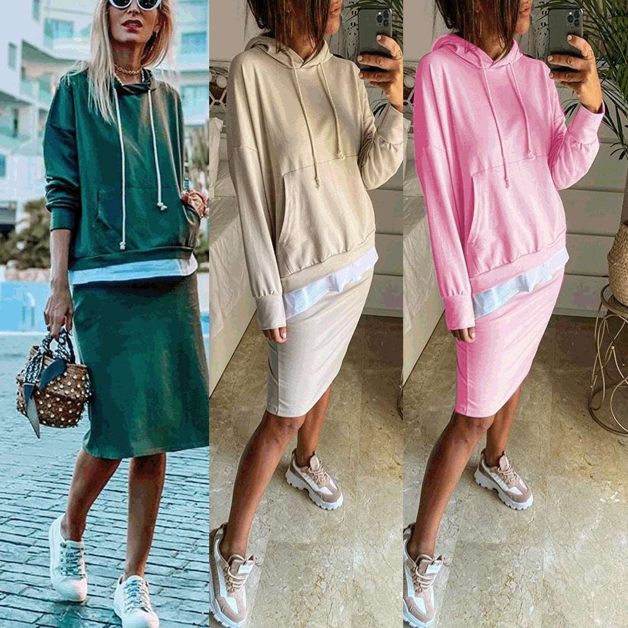 2022 New Women Casual Two Piece Set Women Elegant Hoodie Sweatshirt And Harajuku A-line Skirts Two Piece Set Front Pocket Suit - TIKIJTRONICS # 0