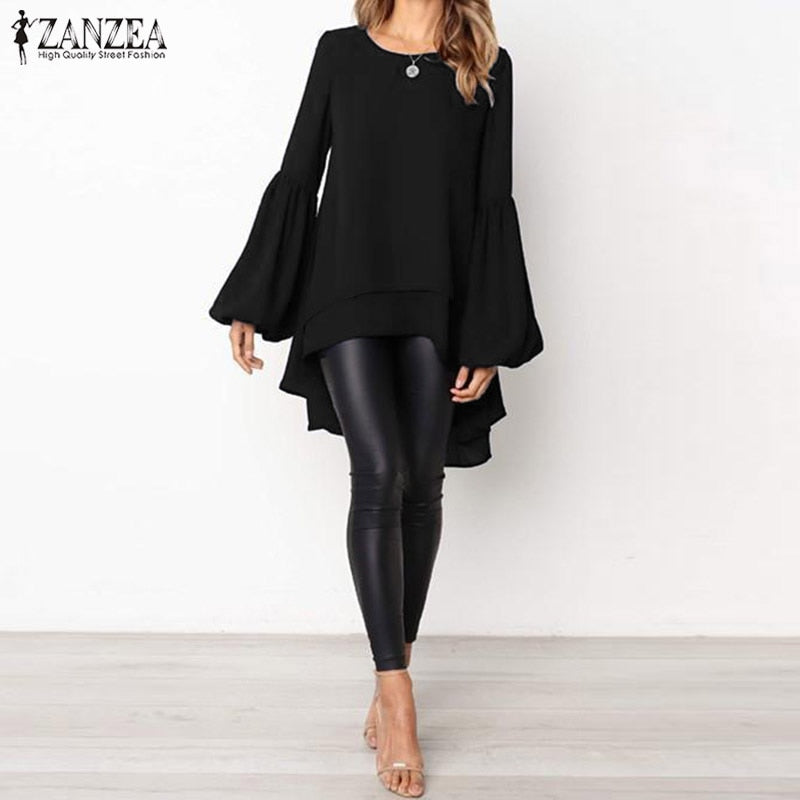 2023 ZANZEA Fashion Puff Sleeve Tops Women's Asymmetrical Blouse Elegant Casual Layered Blusas Female Blusas  Tunic TIKIJTRONICS