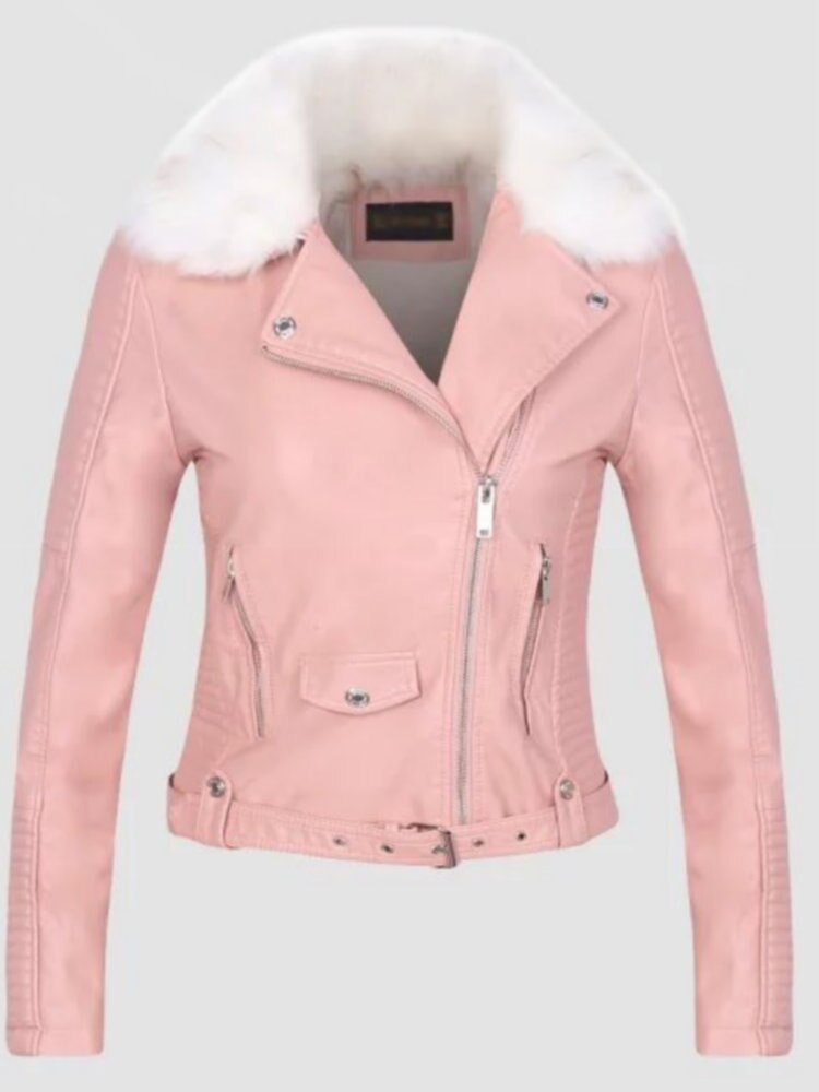 2023 Hot Fashion Women Winter Warm Faux Leather Jackets with Fur Collar Belt Lady Black Pink Motorcycle Biker Outerwear Coats - TIKIJTRONICS # 0