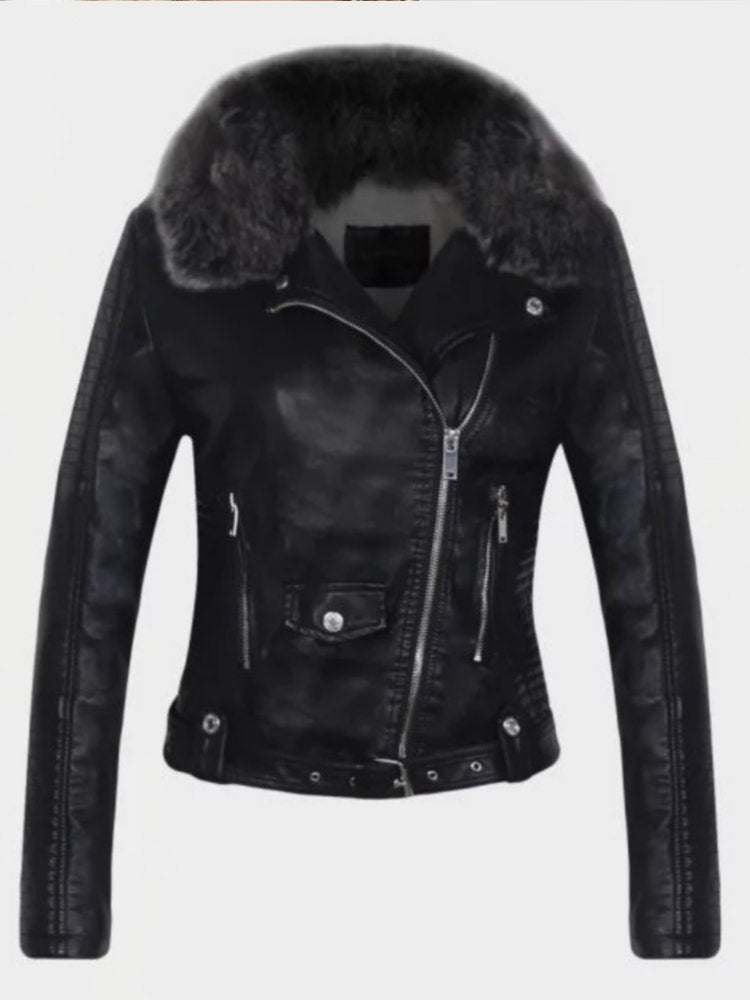 2023 Hot Fashion Women Winter Warm Faux Leather Jackets with Fur Collar Belt Lady Black Pink Motorcycle Biker Outerwear Coats - TIKIJTRONICS # 0