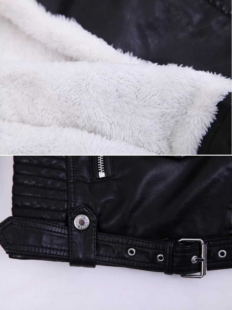 2023 Hot Fashion Women Winter Warm Faux Leather Jackets with Fur Collar Belt Lady Black Pink Motorcycle Biker Outerwear Coats - TIKIJTRONICS # 0