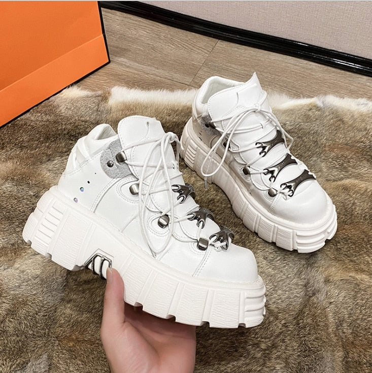 2023 Punk Style Women Sneakers Lace-up 6CM Platform Shoes Woman Creepers Female Casual Flats Metal Decor Tenis Feminino - TIKIJTRONICS # 0