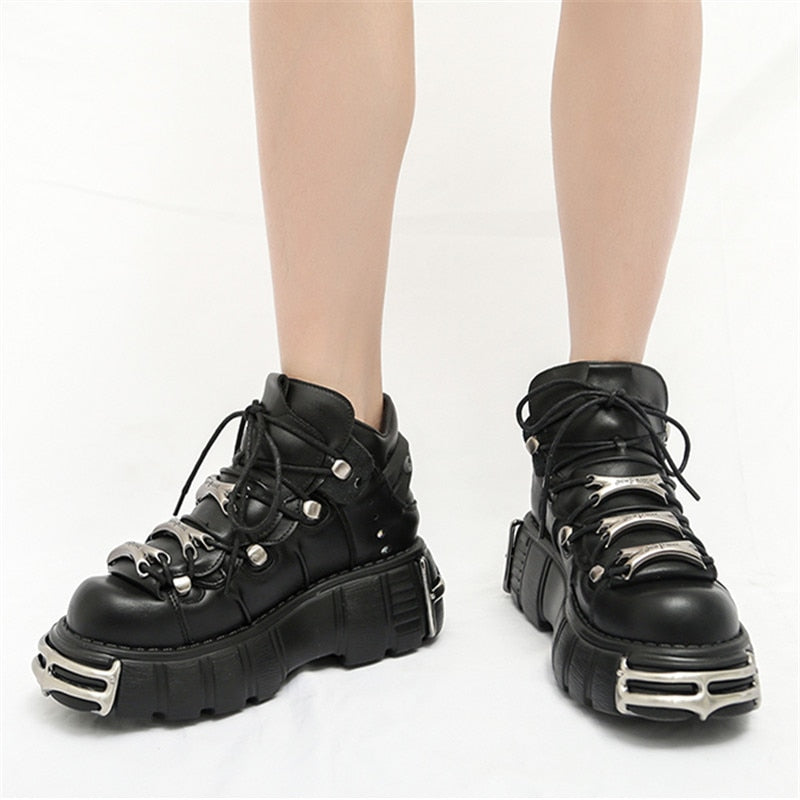 2023 Punk Style Women Sneakers Lace-up 6CM Platform Shoes Woman Creepers Female Casual Flats Metal Decor Tenis Feminino - TIKIJTRONICS # 0