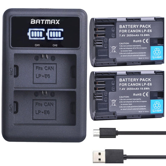 2650mAh LP E6 LPE6 LP-E6 E6N Battery + LED Dual Charger For Canon EOS 5DS R 5D Mark II 5D Mark III 6D 7D 70D 80D Camera - TIKIJTRONICS 0 SPECIFICATIONSVolts: 7.4VUse: CameraType: Standard BatteryRechargeable: YesPackage: YesOrigin: Mainland ChinaModel Number: LP-E6/E6NCertification: CECertification: FCCCapacity: 2650mAhBrand Name: BatmaxBattery Type: Rechargeable Li-ion battery TIKIJTRONICS  (Store description)