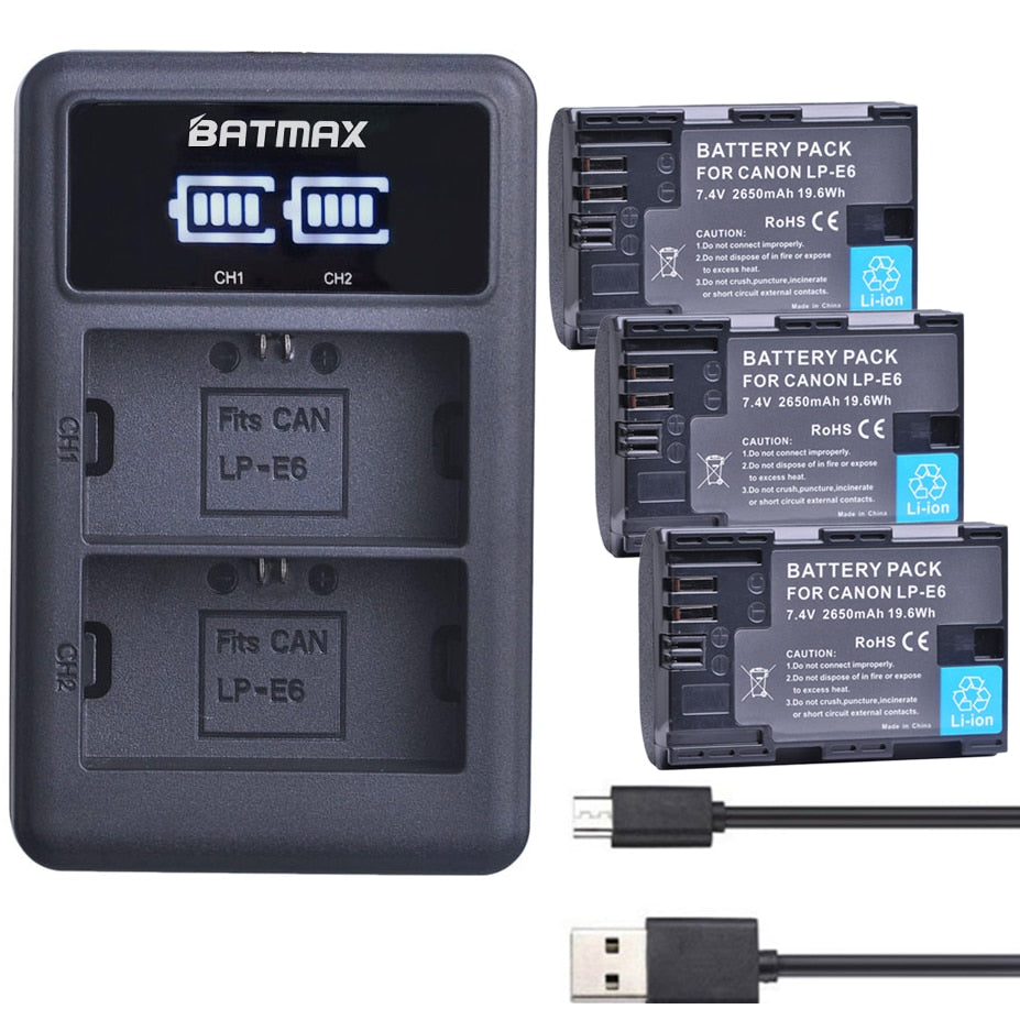 2650mAh LP E6 LPE6 LP-E6 E6N Battery + LED Dual Charger For Canon EOS 5DS R 5D Mark II 5D Mark III 6D 7D 70D 80D Camera - TIKIJTRONICS 0 SPECIFICATIONSVolts: 7.4VUse: CameraType: Standard BatteryRechargeable: YesPackage: YesOrigin: Mainland ChinaModel Number: LP-E6/E6NCertification: CECertification: FCCCapacity: 2650mAhBrand Name: BatmaxBattery Type: Rechargeable Li-ion battery TIKIJTRONICS  (Store description)