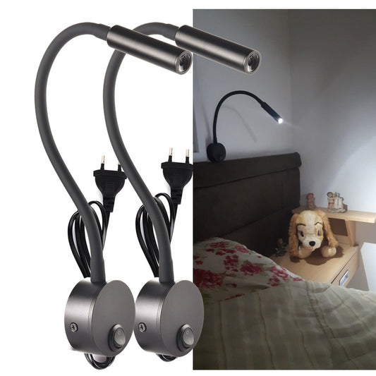 2pcs LED Wall lamp 3W for Bedside Study Reading Book Lamp Black Silver White wall light EU US Plug Cord - TIKIJTRONICS # 0