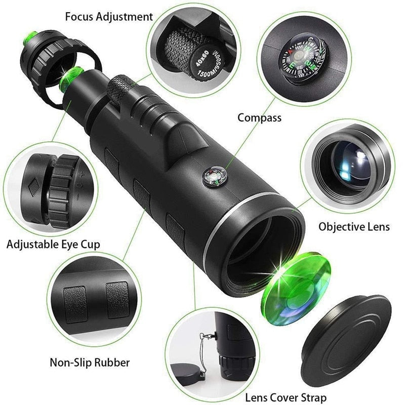 40X60 Zoom Monocular Telescope Clear Weak Night Vision Pocket Telescope With Smart Phone Holder For Camping Scope Binoculars - TIKIJTRONICS # 0