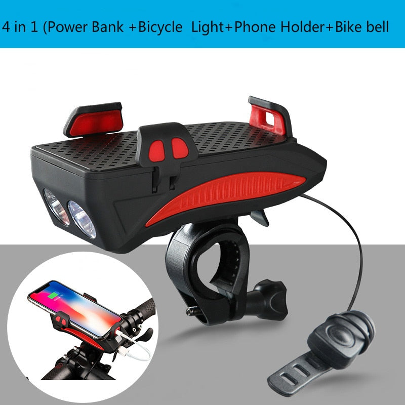 4 In 1 Bike Front Light Phone Holder Handlebar Stand with Bike Bell Function Power Bank Bicycle Lamp Flashlight for MTB Bike - TIKIJTRONICS # 0