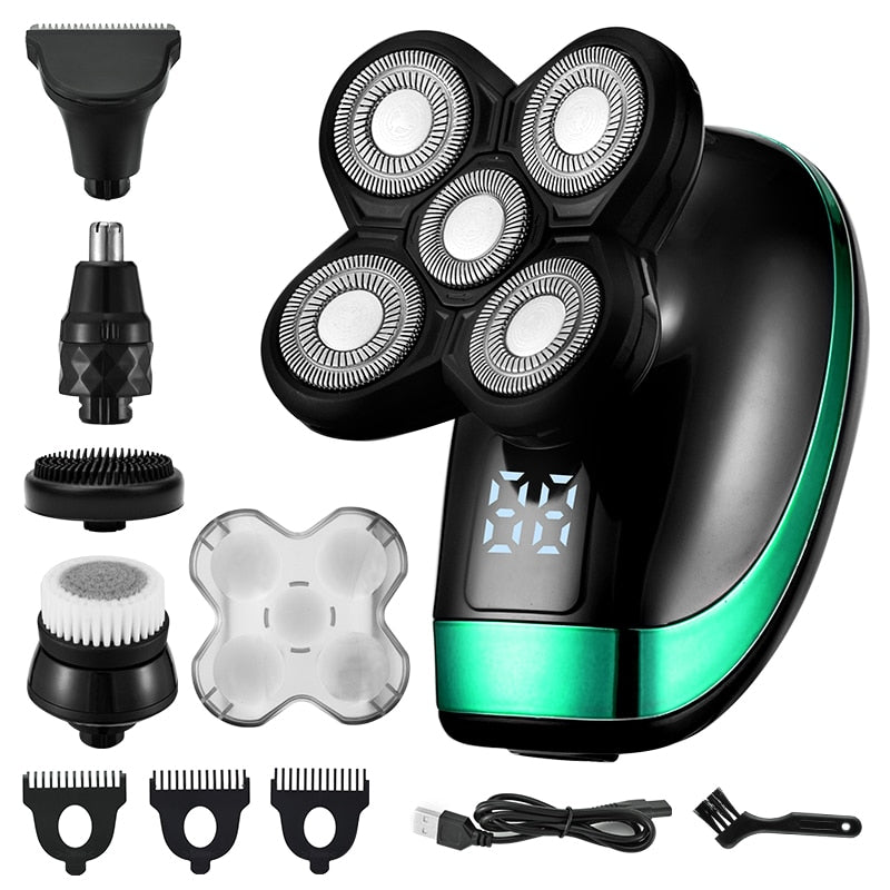 5 In 1 4D Men&#39;s Rechargeable Bald Head Electric Shaver 5 Floating Heads Beard Nose Ear Hair Trimmer Razor Clipper Facial Brush.