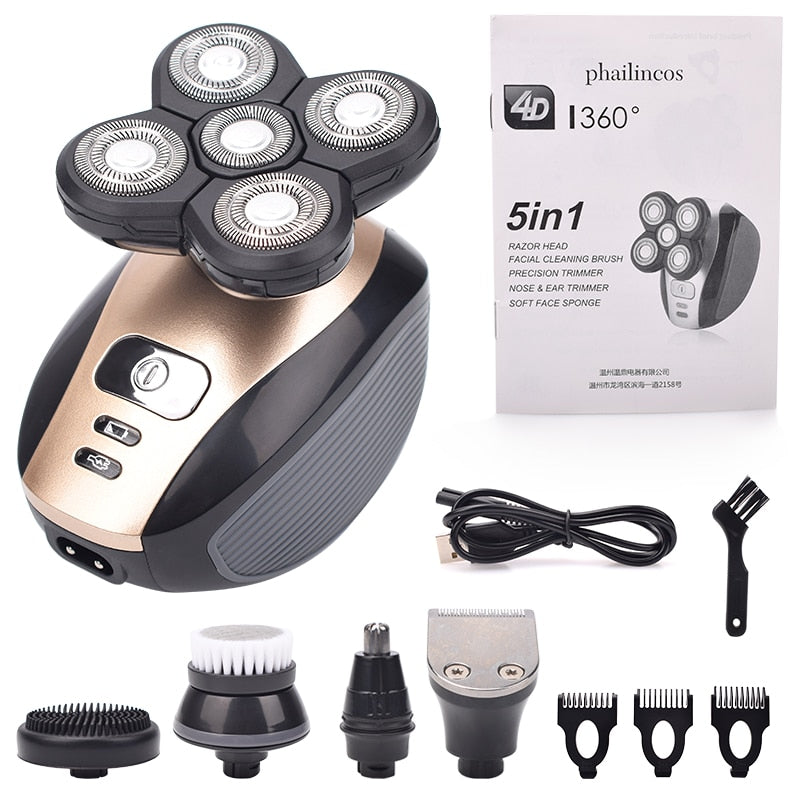 5 In 1 4D Men&#39;s Rechargeable Bald Head Electric Shaver 5 Floating Heads Beard Nose Ear Hair Trimmer Razor Clipper Facial Brush.