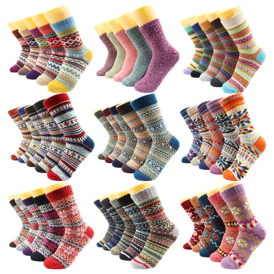 5 Pairs Winter Warmer Women Thicken Thermal Wool Cashmere Snow Socks Fashion Casual Euramerican National Wool Socks for Women - TIKIJTRONICS # 0