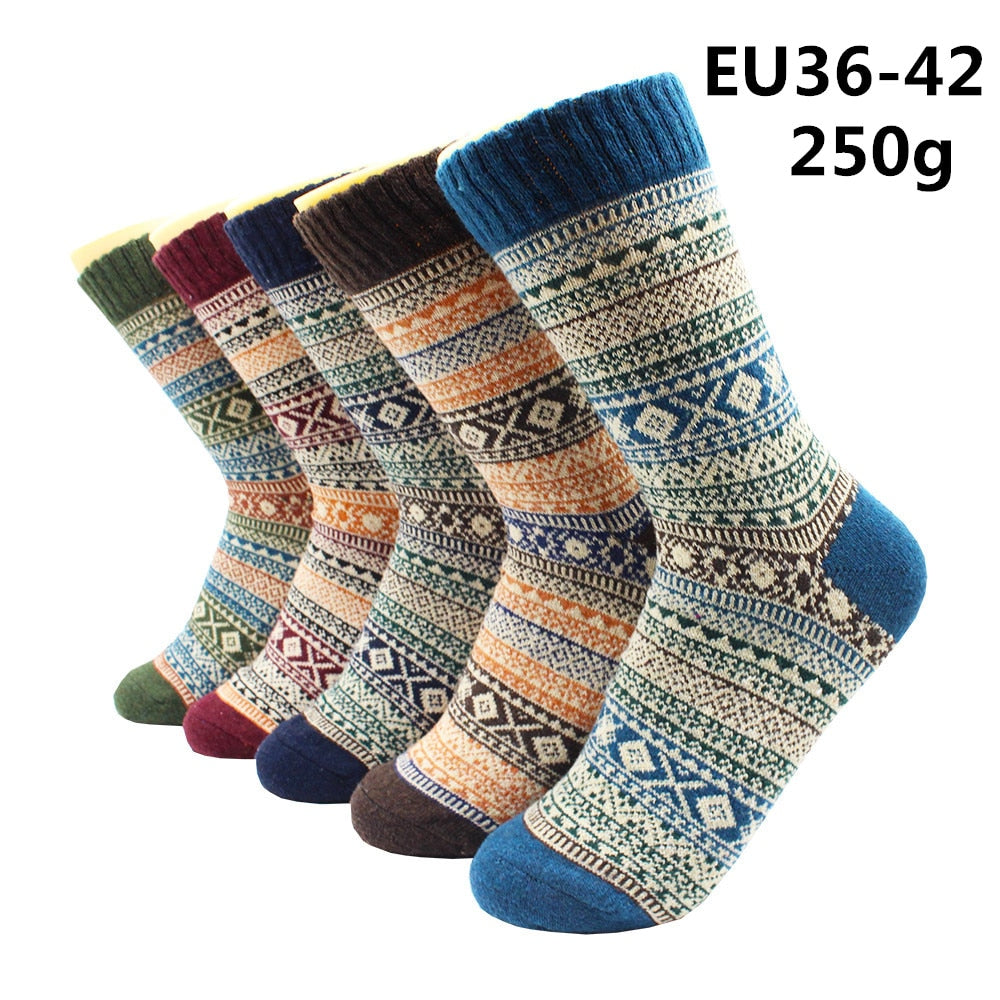 5 Pairs Winter Warmer Women Thicken Thermal Wool Cashmere Snow Socks Fashion Casual Euramerican National Wool Socks for Women - TIKIJTRONICS # 0