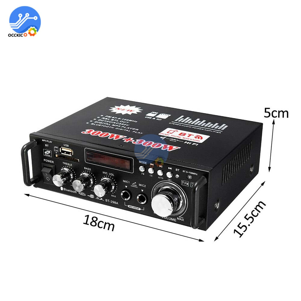 600W Bluetooth Amplifier 300W+300W 2CH HIFI Audio Stereo Power AMP USB FM Radio Car Home Theater with Remote Control - TIKIJTRONICS 0 SPECIFICATIONSPackage: YesOrigin: Mainland ChinaModel Number: 600W Bluetooth AmplifierMaximum Power Per Channel: Above 200WChannels: 2 (2.0)Brand Name: occkic TIKIJTRONICS  (Store description)