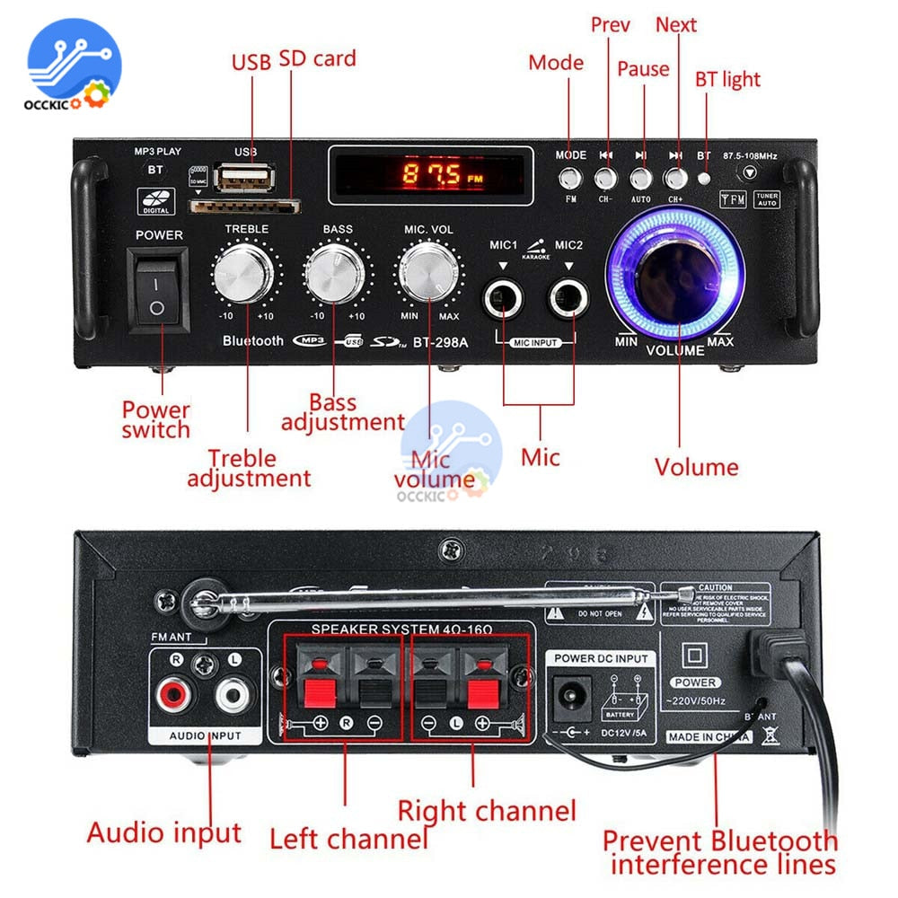 600W Bluetooth Amplifier 300W+300W 2CH HIFI Audio Stereo Power AMP USB FM Radio Car Home Theater with Remote Control - TIKIJTRONICS 0 SPECIFICATIONSPackage: YesOrigin: Mainland ChinaModel Number: 600W Bluetooth AmplifierMaximum Power Per Channel: Above 200WChannels: 2 (2.0)Brand Name: occkic TIKIJTRONICS  (Store description)