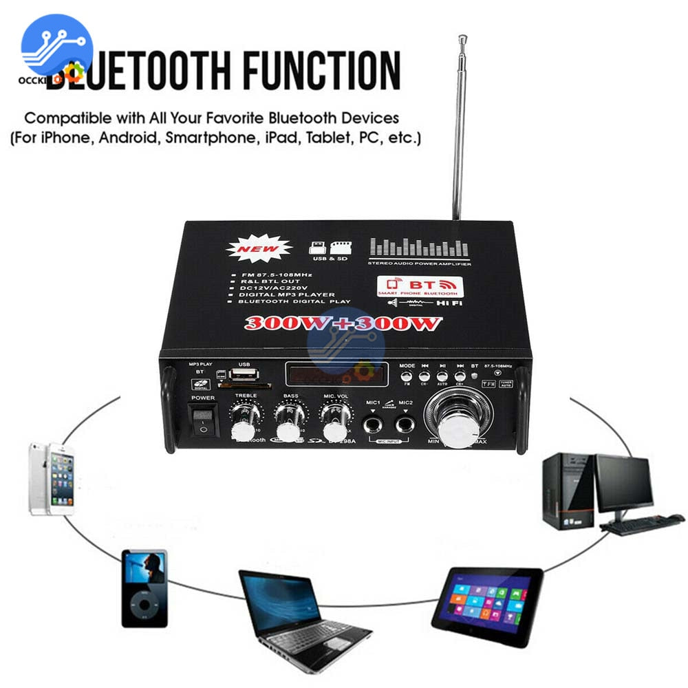 600W Bluetooth Amplifier 300W+300W 2CH HIFI Audio Stereo Power AMP USB FM Radio Car Home Theater with Remote Control - TIKIJTRONICS 0 SPECIFICATIONSPackage: YesOrigin: Mainland ChinaModel Number: 600W Bluetooth AmplifierMaximum Power Per Channel: Above 200WChannels: 2 (2.0)Brand Name: occkic TIKIJTRONICS  (Store description)