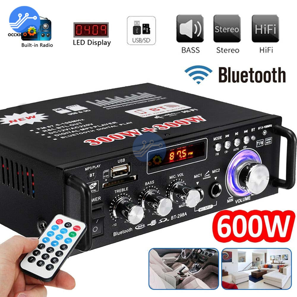 600W Bluetooth Amplifier 300W+300W 2CH HIFI Audio Stereo Power AMP USB FM Radio Car Home Theater with Remote Control - TIKIJTRONICS 0 SPECIFICATIONSPackage: YesOrigin: Mainland ChinaModel Number: 600W Bluetooth AmplifierMaximum Power Per Channel: Above 200WChannels: 2 (2.0)Brand Name: occkic TIKIJTRONICS  (Store description)