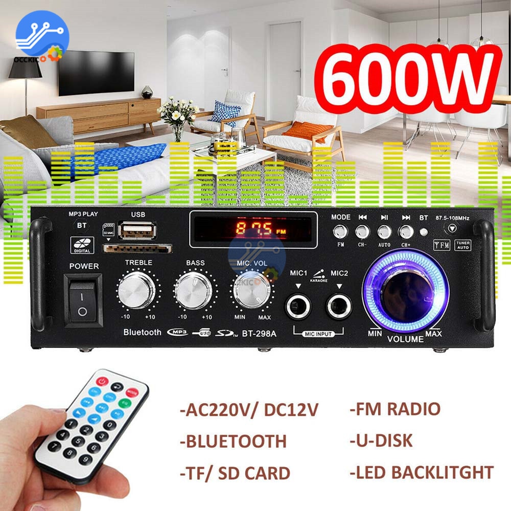 600W Bluetooth Amplifier 300W+300W 2CH HIFI Audio Stereo Power AMP USB FM Radio Car Home Theater with Remote Control - TIKIJTRONICS 0 SPECIFICATIONSPackage: YesOrigin: Mainland ChinaModel Number: 600W Bluetooth AmplifierMaximum Power Per Channel: Above 200WChannels: 2 (2.0)Brand Name: occkic TIKIJTRONICS  (Store description)