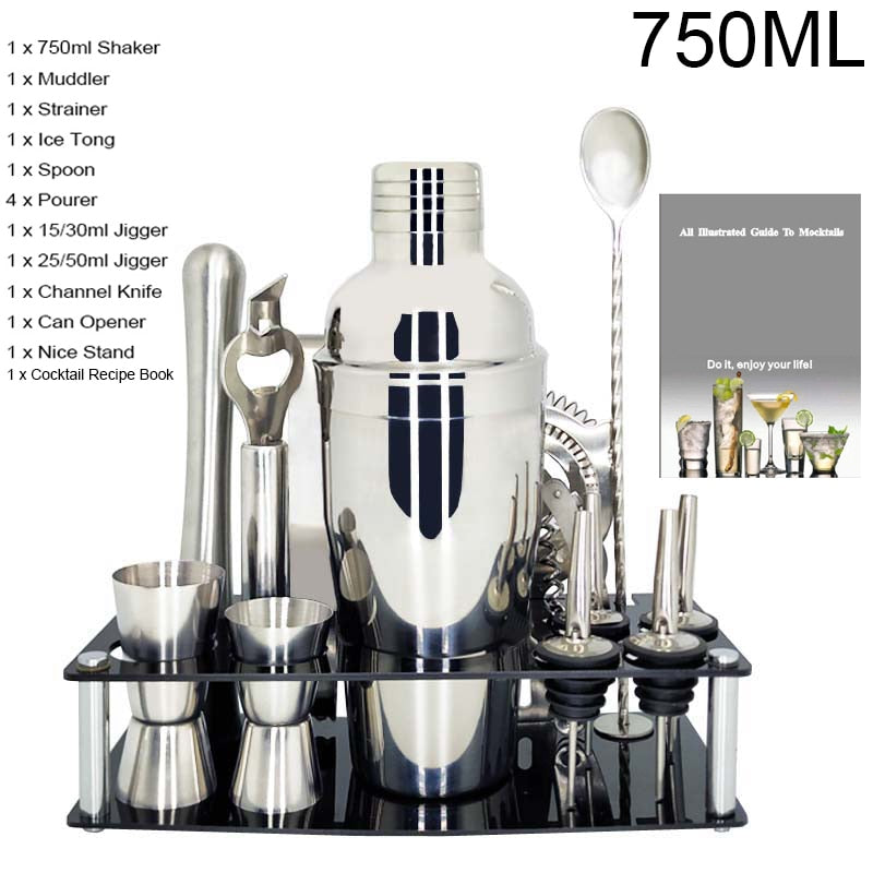 750ml/600ml Stainless Steel Bar Cocktail Shaker Set Barware Tools Shaker Sets with Wooden Rack - TIKIJTRONICS 0 SPECIFICATIONSType: Bar ToolsShaker Capacity: 750ml or 550mlOrigin: Mainland ChinaModel Number: 3162Metal Type: Stainless SteelMaterial: MetalJigger Capacity: 15/30mlItem Name: Stainless Steel Cocktail ShakerFeature: Eco-FriendlyDiameter: 5-10cmCertification: LFGBBrand Name: BROTHERNEMCOBar Tools Type: Cocktail Shakers TIKIJTRONICS  (Store description)