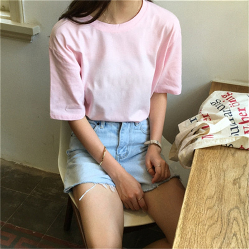 95% Cotton Candy Colors T Shirt Summer Women Loose Solid Tee Shirt Female Short Sleeve Tops Tees Causal O-Neck Basic T-shirt - TIKIJTRONICS 0 SPECIFICATIONSTops Type: TeesStyle: CasualSleeve Style: RegularSleeve Length(cm): ShortSeason: SummerPattern Type: LetterOrigin: Mainland ChinaMaterial: Cotton,AcrylicItem Type: TopsGender: WOMENFabric Type: BroadclothCollar: O-NeckClothing Length: RegularCN: Zhejiang TIKIJTRONICS  (Store description)