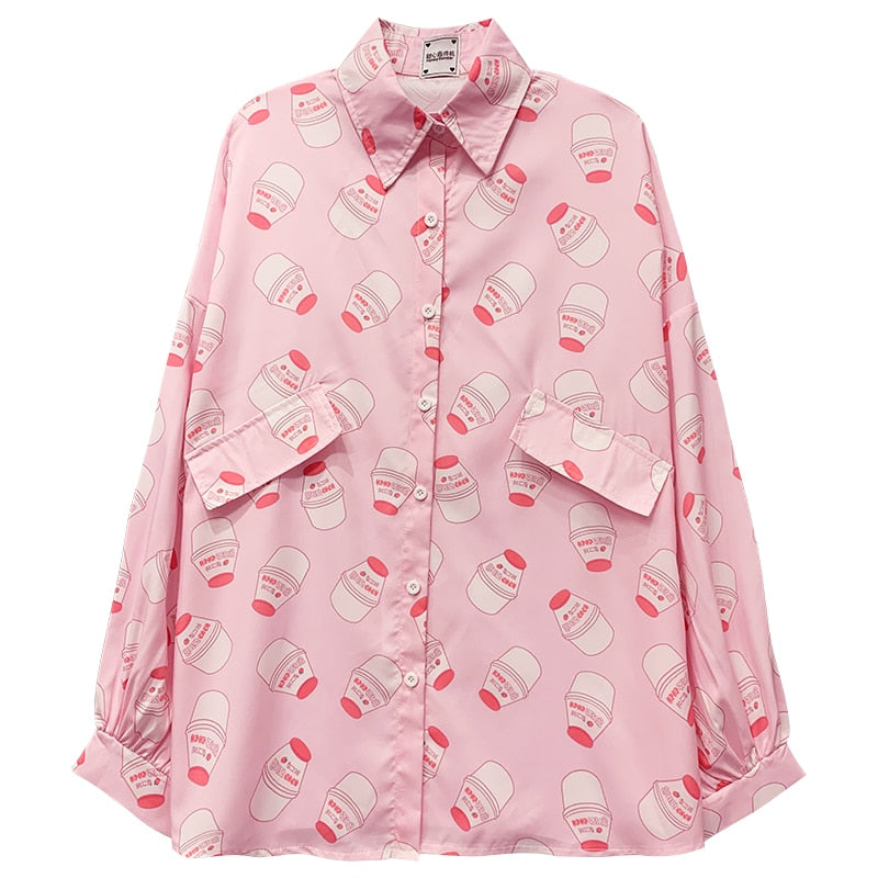 Autumn New Women Blouses Holiday Casual Puff Long Sleeve Top Ladies Strawberry Milk Printed Shirt Korean Summer Fashion Clothing - TIKIJTRONICS # 0