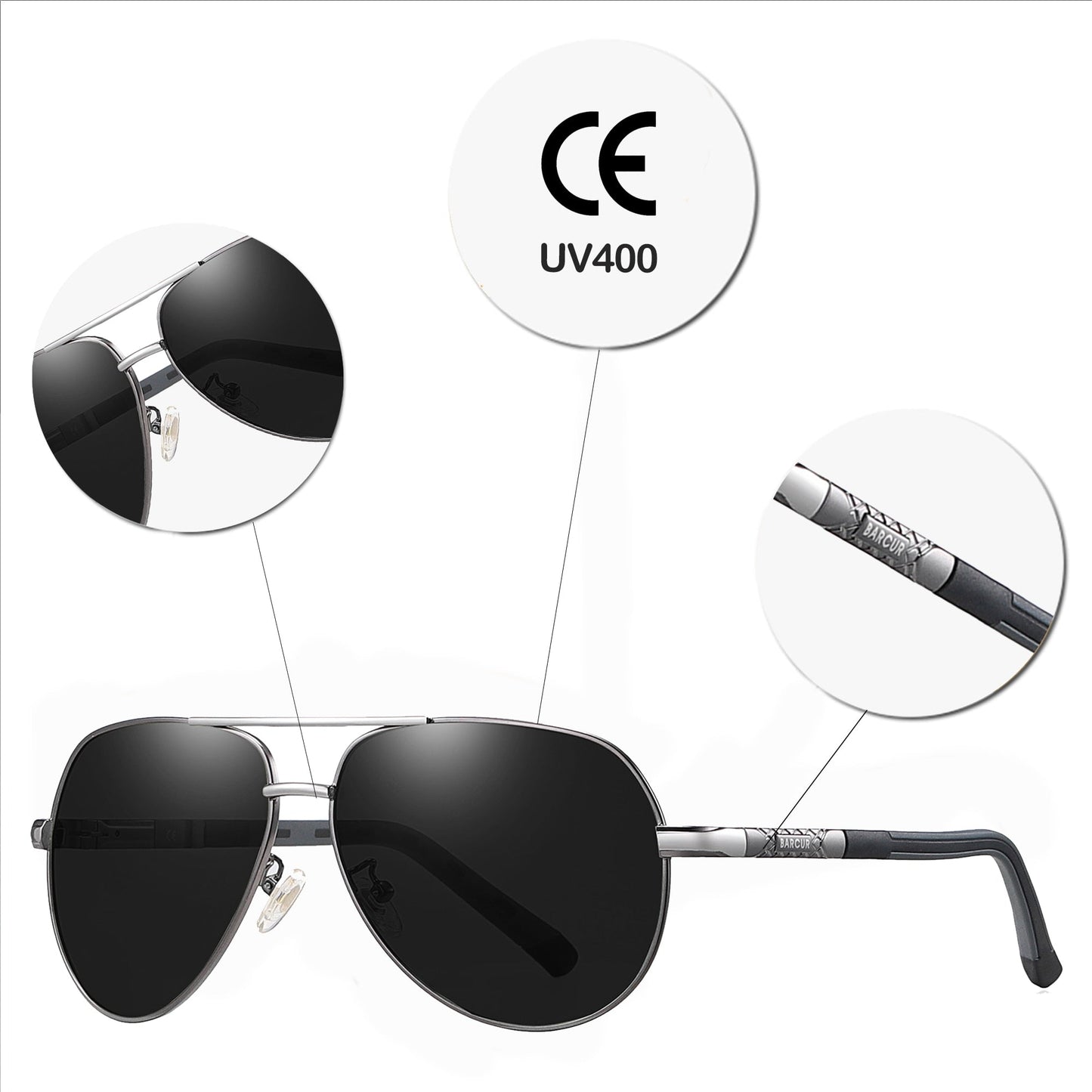 BARCUR Men sunglasses Polarized UV400 Protection Driving Sun Glasses Women Male Oculos de sol - TIKIJTRONICS 0 SPECIFICATIONSStyle: PilotOrigin: Mainland ChinaModel Number: BC8768Lenses Optical Attribute: MIRROR,UV400,POLARIZEDLenses Material: PolycarbonateLens Width: 63mmLens Height: 52mmItem Type: EyewearGender: MENFrame Material: Stainless SteelEyewear Type: SunglassesDepartment Name: AdultCertification: CEBrand Name: BARCUR TIKIJTRONICS  (Store description)