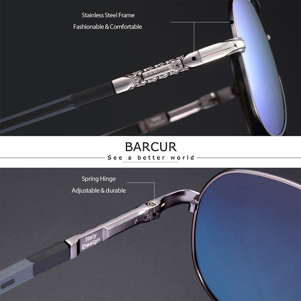 BARCUR Men sunglasses Polarized UV400 Protection Driving Sun Glasses Women Male Oculos de sol - TIKIJTRONICS 0 SPECIFICATIONSStyle: PilotOrigin: Mainland ChinaModel Number: BC8768Lenses Optical Attribute: MIRROR,UV400,POLARIZEDLenses Material: PolycarbonateLens Width: 63mmLens Height: 52mmItem Type: EyewearGender: MENFrame Material: Stainless SteelEyewear Type: SunglassesDepartment Name: AdultCertification: CEBrand Name: BARCUR TIKIJTRONICS  (Store description)