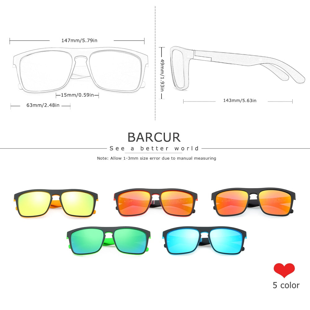 BARCUR NEW Polarized Sunglasses Men Driving Shades Male Sun Glasses For Men Oculos de sol - TIKIJTRONICS 0 SPECIFICATIONSStyle: SquareOrigin: Mainland ChinaModel Number: BC2120Lenses Optical Attribute: MIRROR,UV400,Anti-reflective,POLARIZEDLenses Material: PolycarbonateLens Width: 57mmLens Height: 45mmItem Type: EyewearGender: MENFrame Material: Plastic TitaniumEyewear Type: SunglassesDepartment Name: AdultCertification: CEBrand Name: BARCUR TIKIJTRONICS  (Store description)