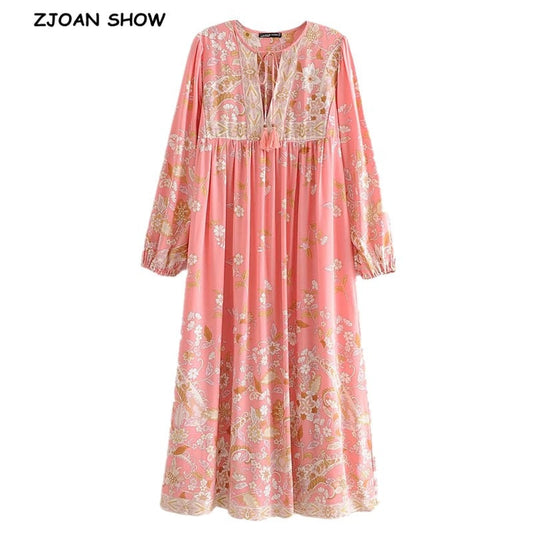 BOHO Lacing up V neck Location Pteris flower Print Long Dress Pink Ethnic WomanTassel Strappy Long Sleeve Holiday Dresses Beach - TIKIJTRONICS # 0